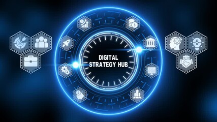 Digital Strategy Hub Concept with Blue Glowing Hexagonal Icons and Central Clock Interface technology - Powered by Adobe