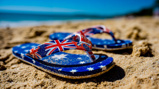A pair of blue flip flops with a British flag design on the straps sitting on a sandy beach