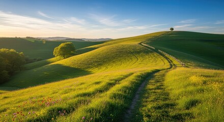 Scenic view of rolling green hills with a path leading to a lone tree