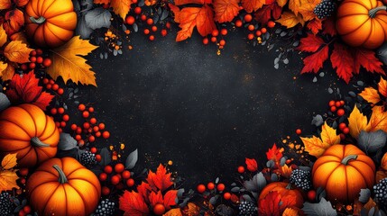 Autumn harvest frame with pumpkins, leaves, and berries on dark background.