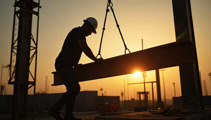 Fototapeta premium Construction worker guiding steel beam at sunset