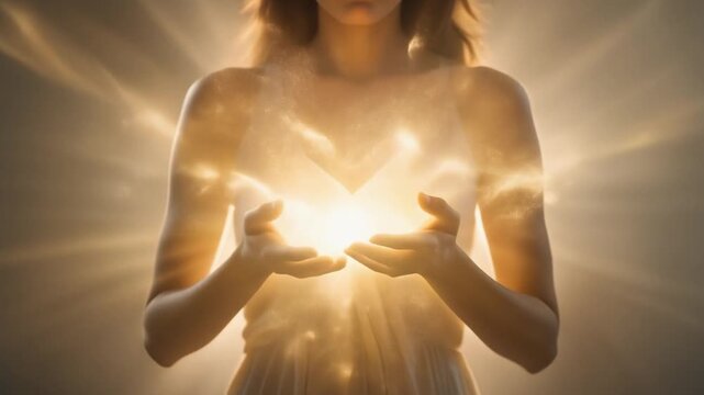 A radiant woman holding a glowing orb of divine light in her hands, symbolizing healing, spirituality, and inner power