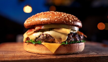 juicy double cheeseburger loaded with fresh toppings on a sesame seed bun at a gourmet burger restaurant in the evening