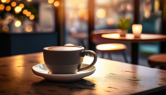warm coffee cup sits on a table in a cozy cafe - Powered by Adobe