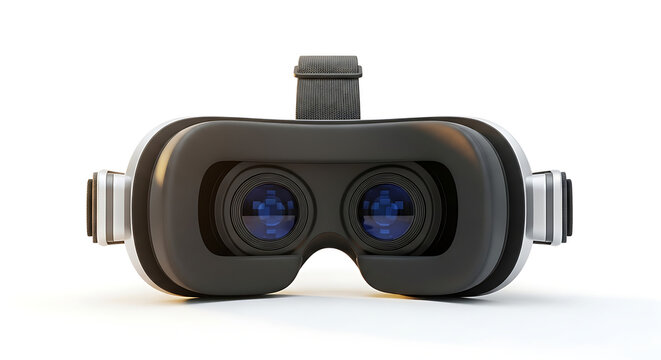 A close up studio shot of a virtual reality headset with a gray strap on a white background