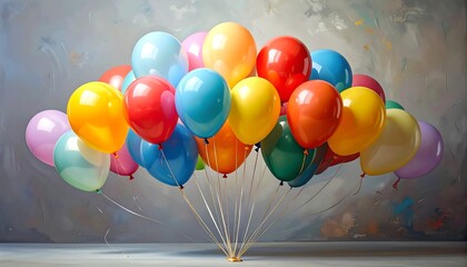 A vibrant bunch of inflated, colorful balloons clustered together, with reflective surfaces and long strings against a textured backdrop