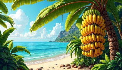 Tropical beach scene with crystal turquoise ocean, sandy shore, lush jungle foliage, and a large bunch of ripe yellow and green bananas hanging from a palm tree