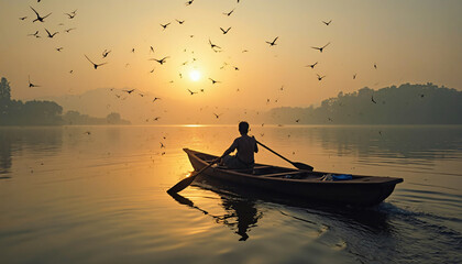 Man rowing boat in lake with birds at sunrise
