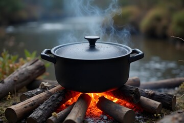 A cooking pot bubbling over firewood flames beside a stream.
