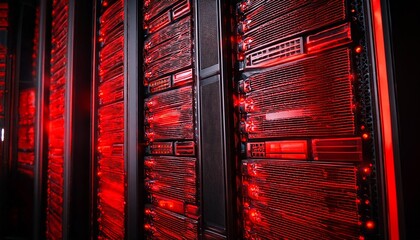 intense red glow on servers data center critical system alert a high impact close up shot emphasizing a row of rack mounted servers in a dark data center
