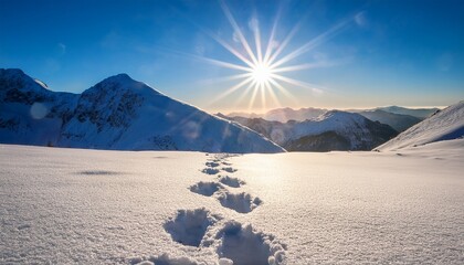 footprints in sparkling snow leading to sunlit mountains