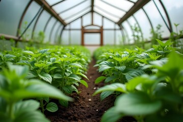 A small greenhouse full of growing herbs, wide-angle shot.