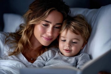 Mother reads bedtime story to child in cozy bedroom setting during evening hours