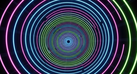 Concentric circles of neon lights creating a tunnel effect on black