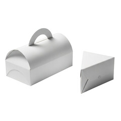 White bakery box and slice of cake packaging isolated on transparent background