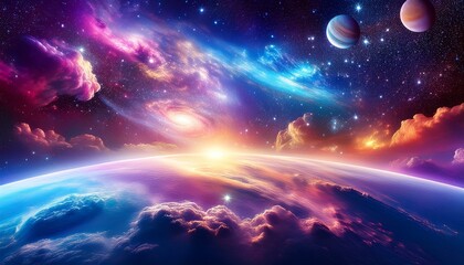 vibrant cosmic landscape featuring swirling clouds and bright celestial bodies in the depths of space