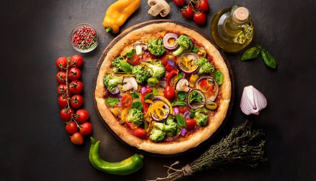 vibrant vegetarian pizza loaded with fresh vegetables and herbs top view an attractive overhead shot of a freshly baked healthy vegetarian pizza resting on a dark rustic stone surface