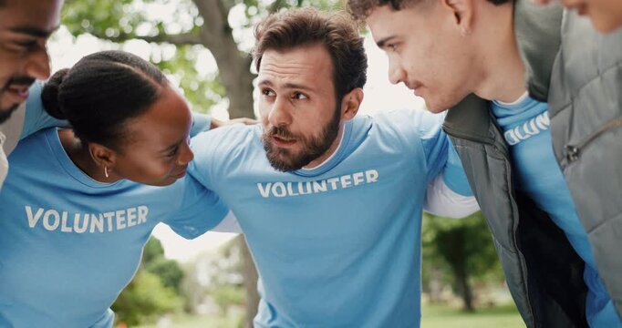 Volunteer, people or huddle in park with discussion for eco project, outreach or nonprofit service. Team outdoor, hug or conversation for charity work, climate change program or social responsibility