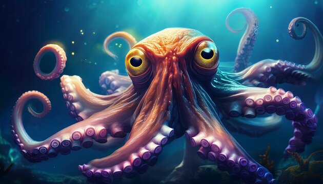 octopus with expressive eyes swimming in ocean depths at night time
