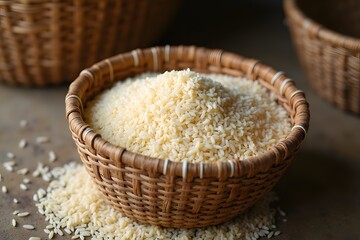 A handwoven basket filled with rice placed on a barn floor.