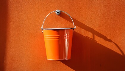 an orange bucket hanging on an orange wall