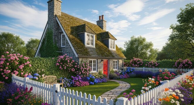 A charming cottage with a stone pathway and vibrant flower garden view