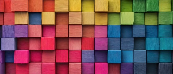 Rainbow-colored 3D wooden cubes texture background, perfect for panoramic designs, prints, and creative projects.