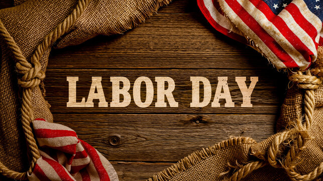 A graphic design with a wooden background featuring rope and a flag with the text LABOR DAY prominently displayed
