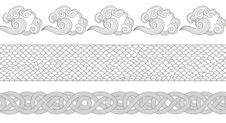 Fototapeta premium Elegant Vector Border Set Featuring Clouds, Mesh, and Celtic Knot Patterns