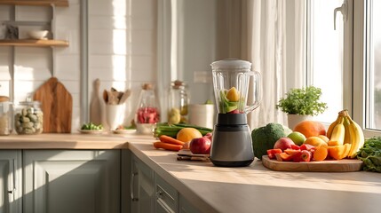 Healthy Kitchen Scene with Blender and Fresh Fruits.
