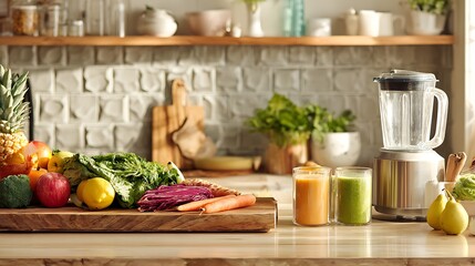 Healthy Kitchen with Fresh Fruits Vegetables and Blender.