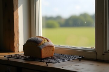 A single loaf of bread cooling on a window shelf, wide rural view.