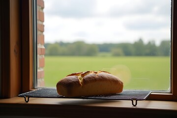 A single loaf of bread cooling on a window shelf, wide rural view.