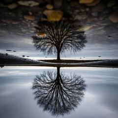 A solitary tree stands on the edge of a calm body of water, creating a mirror reflection that emphasizes symmetry and tranquility in a natural landscape scene