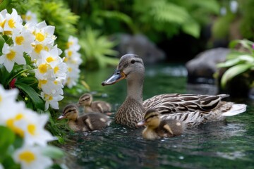 Obraz premium Mother duck and her ducklings swimming peacefully in a garden pond with blooming flowers