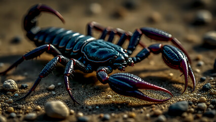 A black scorpion crawling across a textured sandy and rocky surface during the day.