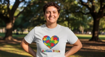 Woman with short hair, smiling and wearing an autism awareness t-shirt with a colorful puzzle heart design. Autism pride, support, and acceptance. World Autism Awareness Day.