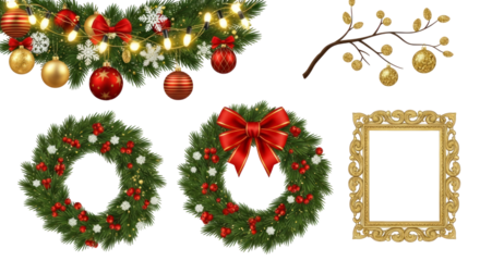 Christmas Decorations with Ornate Gold Frame and Lights isolated on a transparent background wreath