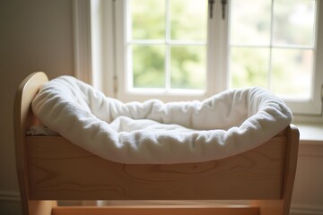 A blanket-lined wooden cradle near a window, soft natural light.