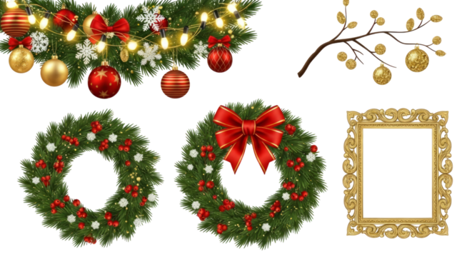 Christmas Decorations with Ornate Gold Frame and Lights isolated on a transparent background wreath - Powered by Adobe