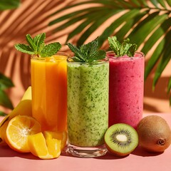 Refreshing Tropical Smoothies with Fresh Fruits and Mint.