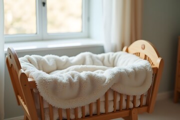 A blanket-lined wooden cradle near a window, soft natural light.