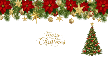 Christmas Garland with Poinsettias and Decorated Tree isolated on a transparent background holiday