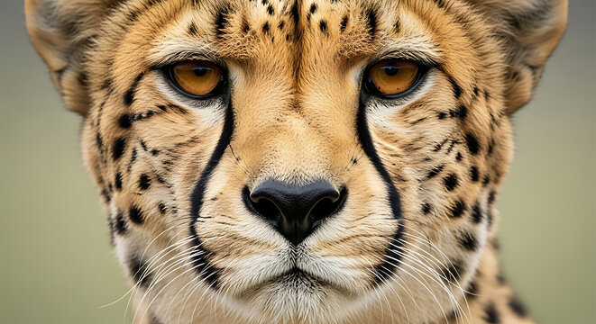 Close up portrait of a cheetah showing its distinctive spots and facial markings in great detail view - Powered by Adobe