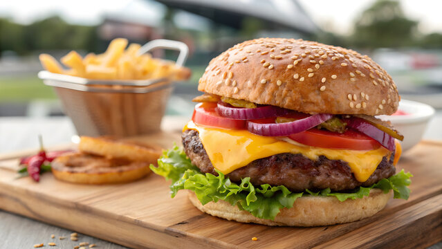 Delicious cheeseburger with fresh ingredients sitting with french fries and onion rings ready for a tasty indulgent meal perfect for restaurant menus - Powered by Adobe