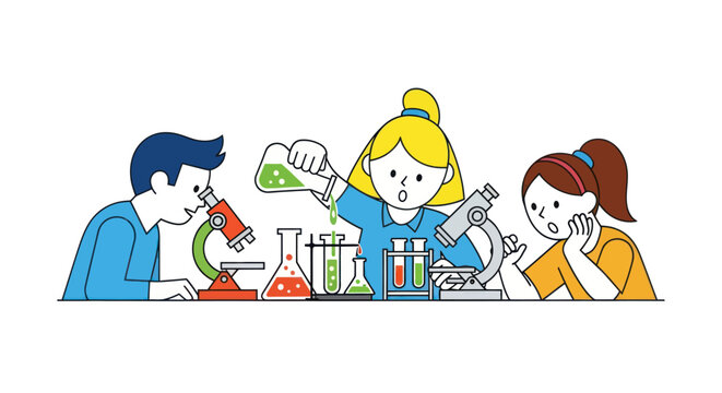 Children engaged in a science experiment with microscopes and beakers.