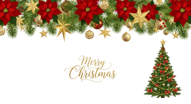 Christmas Garland with Poinsettias and Decorated Tree isolated on a transparent background holiday