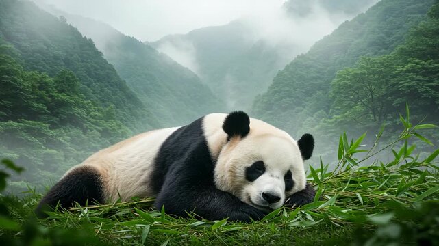 A tranquil scene featuring a panda peacefully resting on vibrant grass with mist-covered mountains in the background, showcasing majestic wildlife and natural beauty.