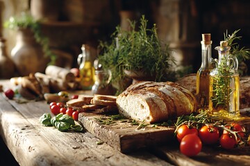 Rustic Italian Bread and Olive Oil on Wooden Table.