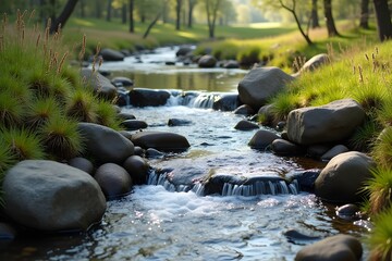 A quiet spring bubbling from rocks, flowing through an open meadow.